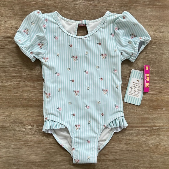 Tommy Bahama Toddler Girl Stripe Floral Puff Sleeve Swimsuit 2T 4T 5T - Picture 1 of 5